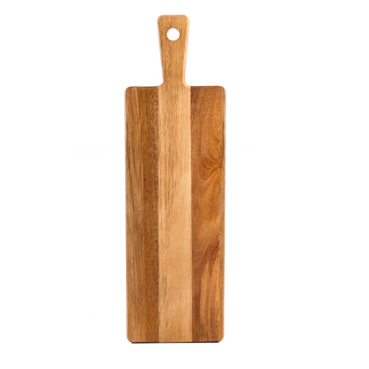 A rectangular Acacia Serving Board with a handle at the top features a centered hole for hanging. The wood shows natural grain patterns and two shades of brown in vertical strips. The background is plain white.