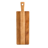 A rectangular Acacia Serving Board with a handle at the top features a centered hole for hanging. The wood shows natural grain patterns and two shades of brown in vertical strips. The background is plain white.