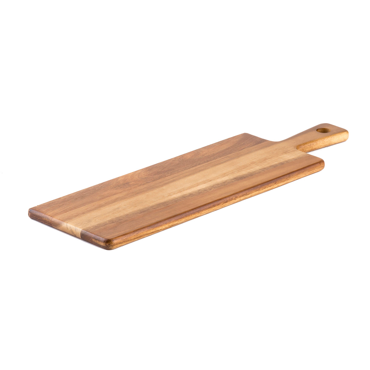 A rectangular Acacia Serving Board with a handle featuring a hole for hanging. The smooth wood serving board displays natural grain patterns and rests on a white background, with the handle slightly raised from the board’s base.