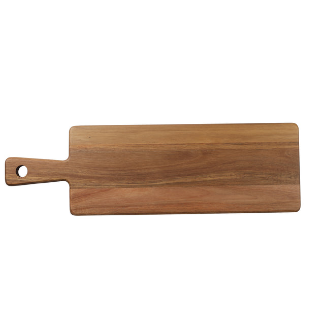 A rectangular TableCraft Acacia Serving Board with a smooth finish features a handle on the left side with a round hole for hanging. The visible wood grain highlights natural color and texture variations. The background is plain white.