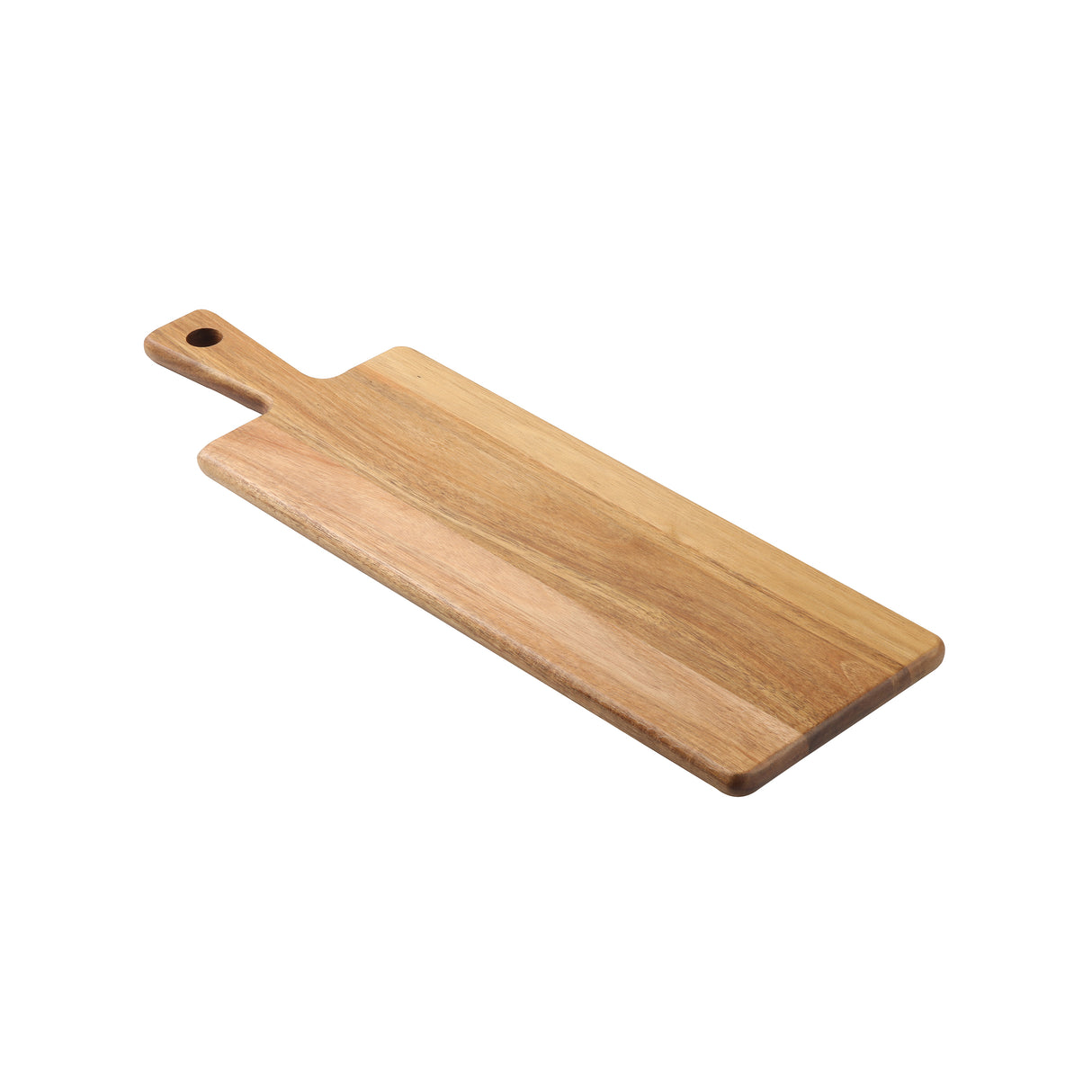 A rectangular Acacia Serving Board with a handle featuring a small round hole for hanging. The wood grain is visible, showcasing its natural beauty, and the board by TableCraft is set against a plain white background.