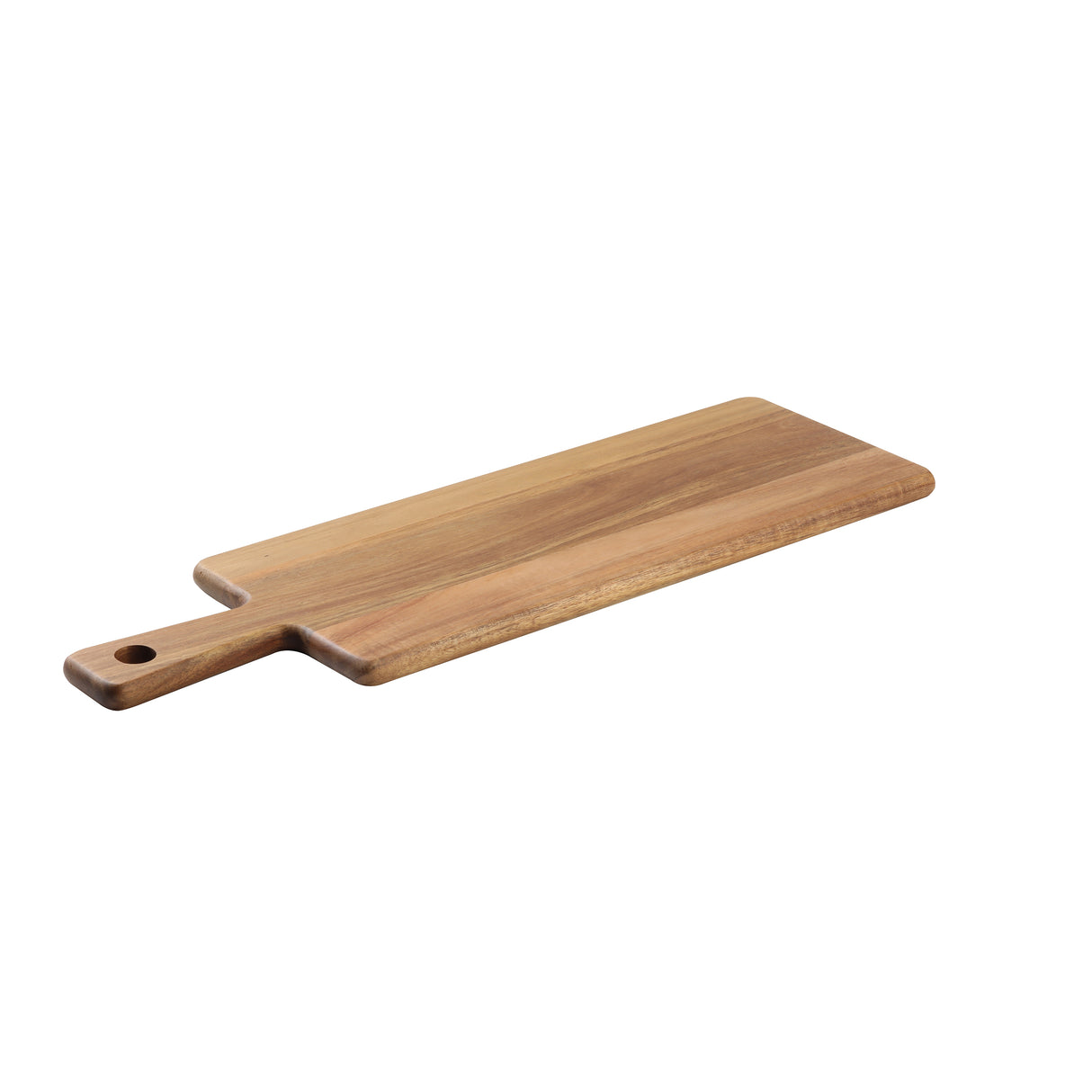 A rectangular Acacia Serving Board with a smooth finish features a handle with a round hole for hanging. The wood grain is visible, and the TableCraft board rests on a white background, showcasing its natural beauty.