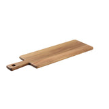 A rectangular Acacia Serving Board with a smooth finish features a handle with a round hole for hanging. The wood grain is visible, and the TableCraft board rests on a white background, showcasing its natural beauty.