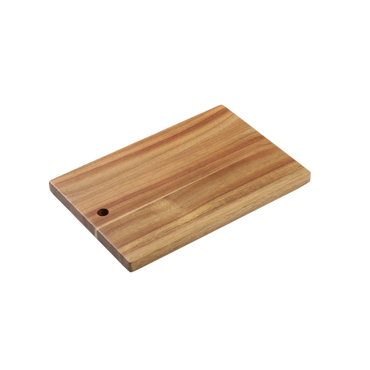 A rectangular Acacia Serving Board with natural wood grain, featuring a small round hole in one corner. The board is placed on a plain white background, highlighting its smooth surface and clean edges.