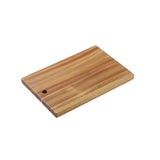 A rectangular Acacia Serving Board with natural wood grain, featuring a small round hole in one corner. The board is placed on a plain white background, highlighting its smooth surface and clean edges.