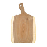 A rectangular Acacia Serving Board with rounded edges, a visible grain pattern, and a narrow, slightly twisted handle featuring a hanging hole. The wood displays natural color variations, with lighter edges and a small knot near the handle.