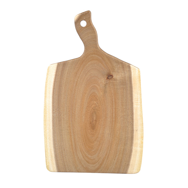 A rectangular Acacia Serving Board with rounded edges, a visible grain pattern, and a narrow, slightly twisted handle featuring a hanging hole. The wood displays natural color variations, with lighter edges and a small knot near the handle.