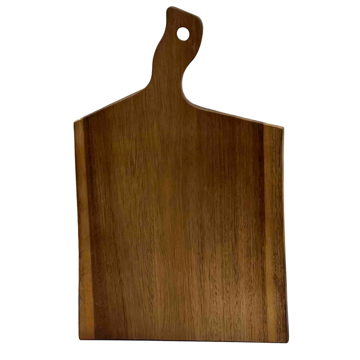 A rectangular TableCraft acacia serving board with a natural wood grain pattern, featuring a uniquely angled top edge and a handle with a hole for hanging. The smooth surface displays varying shades of brown.