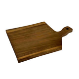 A rectangular Acacia Serving Board with a handle on one side. The handle has a hole near the end for hanging. The wood features a smooth, rich brown finish with natural grain patterns. Background is plain white.