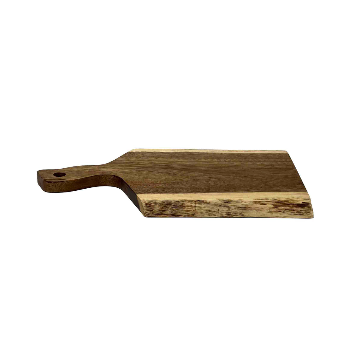A rectangular Acacia Serving Board with a handle featuring a hole for hanging. This smooth-edged Wood Serving Board showcases a natural wood grain pattern and lies flat on a white background.