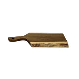 A rectangular Acacia Serving Board with a handle featuring a hole for hanging. This smooth-edged Wood Serving Board showcases a natural wood grain pattern and lies flat on a white background.