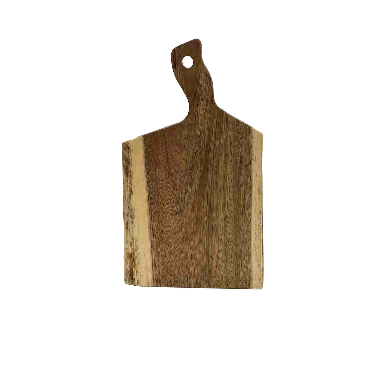 A rectangular Acacia Serving Board with a natural wood grain finish, featuring a handle at the top right with a hole for hanging. The board is placed against a plain white background.