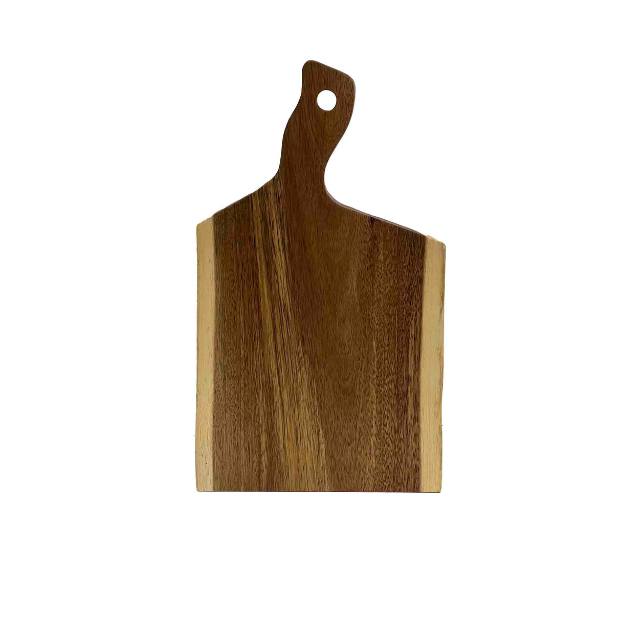 A rectangular Acacia Serving Board with a natural grain pattern and an asymmetrical, curved handle featuring a hole for hanging. The slightly irregular edges add charm. Perfect as a Wood Serving Board by TableCraft. Background is white.