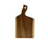 A rectangular Acacia Serving Board with a natural grain pattern and an asymmetrical, curved handle featuring a hole for hanging. The slightly irregular edges add charm. Perfect as a Wood Serving Board by TableCraft. Background is white.
