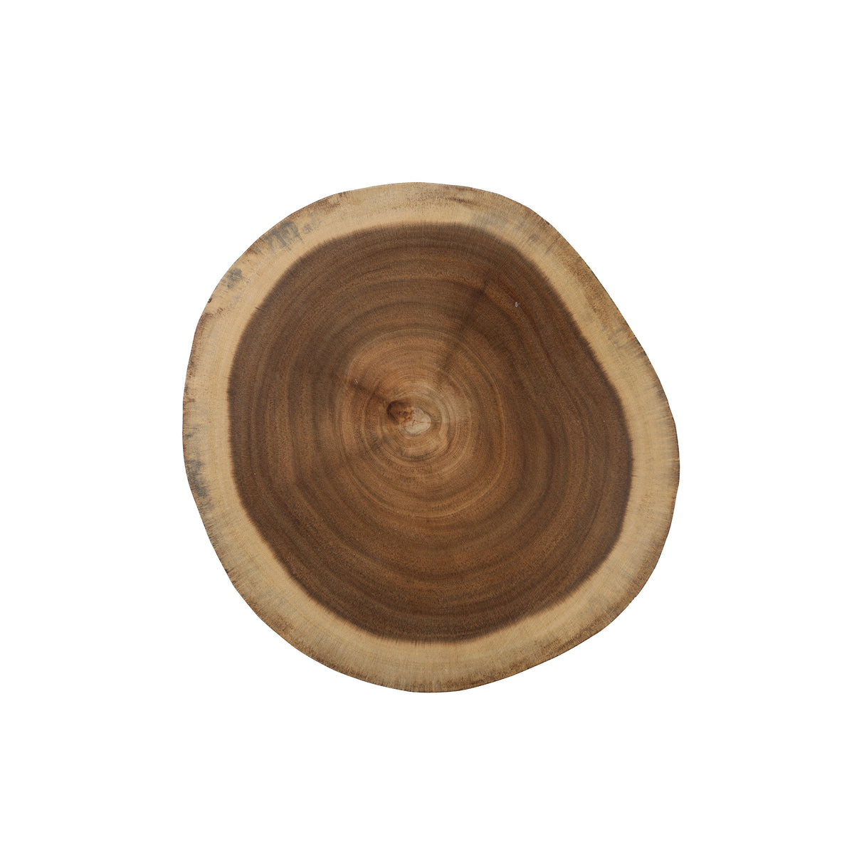 A round Acacia Serving Board features a cross-section of a tree trunk with visible growth rings in brown shades, a lighter outer edge, and darker concentric circles toward the center, isolated on a white background.