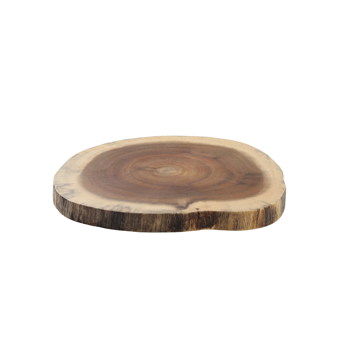 A round serving board made from natural wood, featuring beautiful grain patterns and bark around the edge. Light and dark brown rings highlight its organic texture and irregular shape, resting elegantly on a white background.
