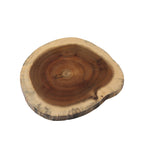 A single, round Acacia Serving Board with visible growth rings and natural bark edges, showcasing a gradient of brown tones from dark in the center to lighter on the rim, isolated on a white background.