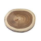 A round wood board from TableCraft, this Acacia Serving Board features natural rings and a smooth top, with the bark intact around the edge—showcasing the tree’s unique growth patterns and a beautiful contrast between inner wood and bark.