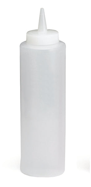 A 12 oz translucent Squeeze Bottle with a cylindrical body and a narrow pointed nozzle cap, commonly used for condiments or sauces. The bottle stands upright with a simple white lid screwed on tightly. Made in USA.
