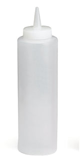 A 12 oz translucent Squeeze Bottle with a cylindrical body and a narrow pointed nozzle cap, commonly used for condiments or sauces. The bottle stands upright with a simple white lid screwed on tightly. Made in USA.