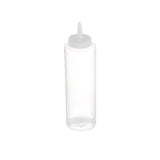A clear, empty 12 oz Squeeze Bottle with a pointed nozzle and screw-on cap. Made in USA, it stands upright against a plain white background, ideal for precise dispensing of liquids like sauces, oils, or condiments.