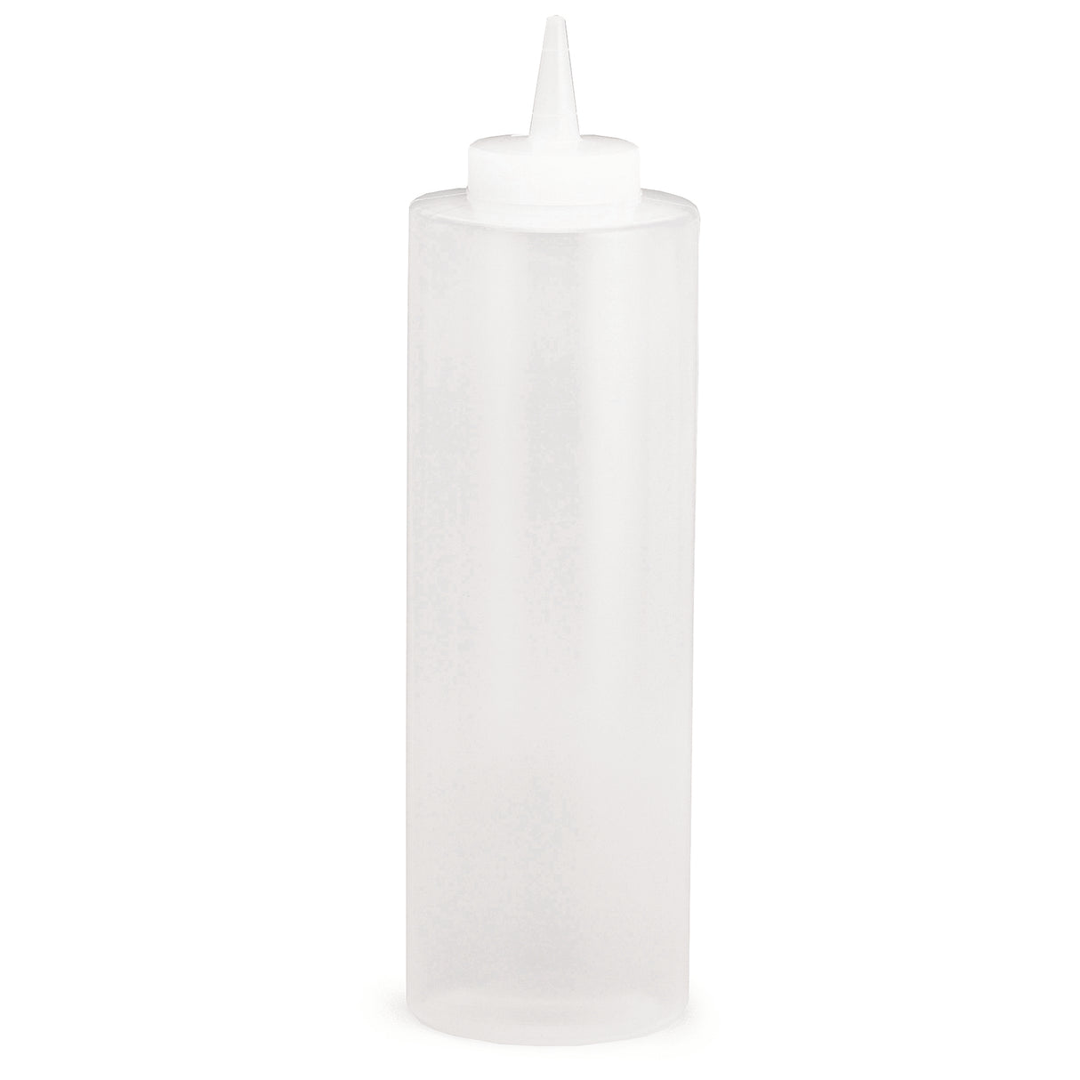 A clear, 12 oz cylindrical Squeeze Bottle with a pointed nozzle tip and white screw-on cap, ideal for condiments or sauces. Dishwasher safe, it stands empty and upright against a plain white background.