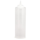 A clear, 12 oz cylindrical Squeeze Bottle with a pointed nozzle tip and white screw-on cap, ideal for condiments or sauces. Dishwasher safe, it stands empty and upright against a plain white background.