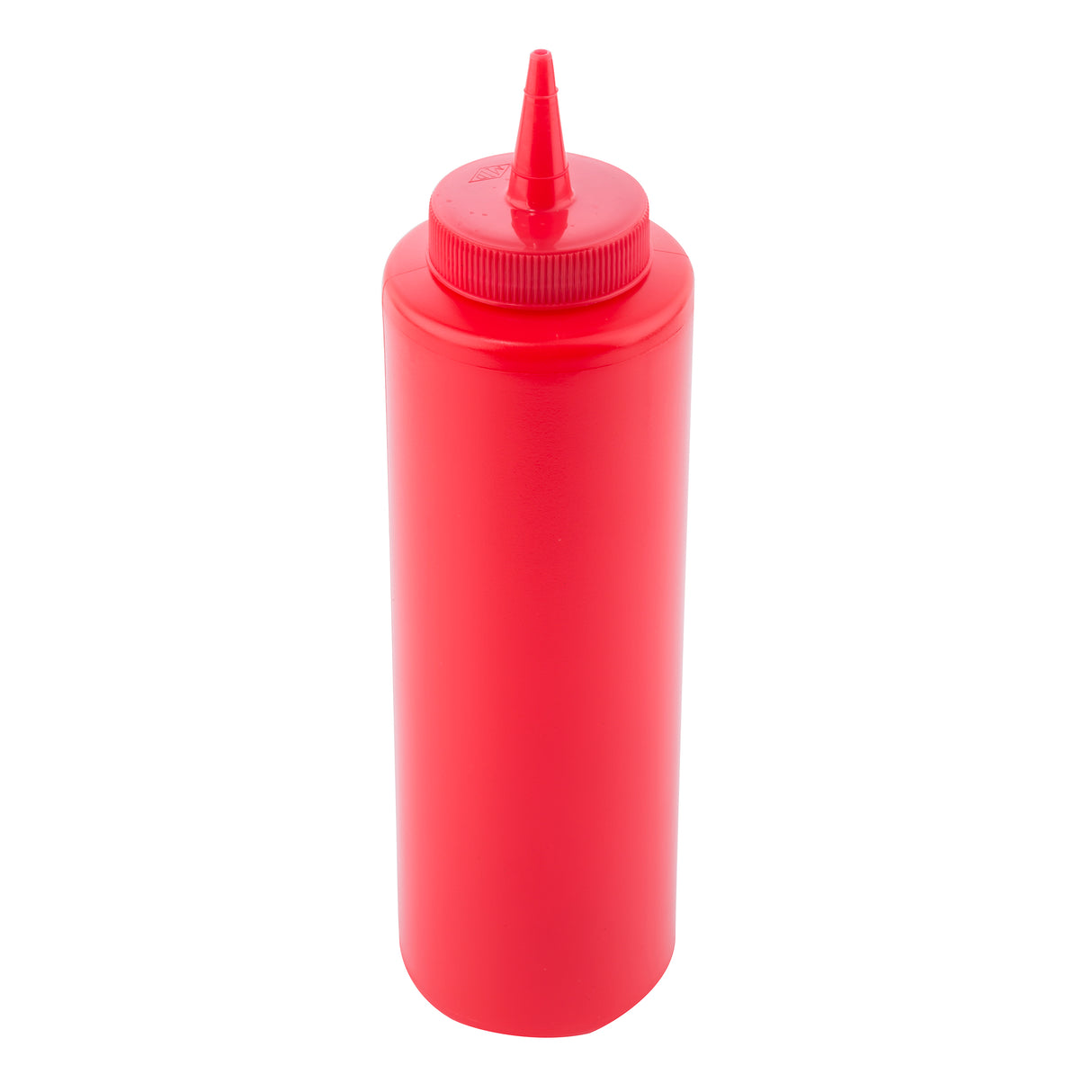A bright red 12 oz plastic squeeze bottle with a pointed nozzle cap, typically used for condiments like ketchup. The bottle is standing upright on a white background and has no visible labels or markings.