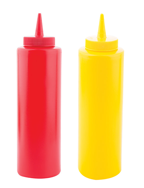 This squeeze bottle set, made in USA, features red and yellow bottles—perfect for ketchup and mustard. Each has a narrow nozzle cap and is dishwasher safe for easy cleaning.
