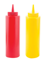 This squeeze bottle set, made in USA, features red and yellow bottles—perfect for ketchup and mustard. Each has a narrow nozzle cap and is dishwasher safe for easy cleaning.