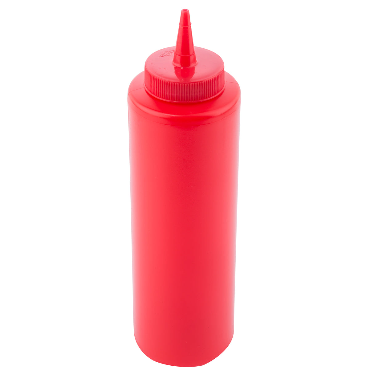 A plain, cylindrical red ketchup bottle with a pointed nozzle cap, typically used for condiments. This squeeze bottle is dishwasher safe and stands upright on a white background.