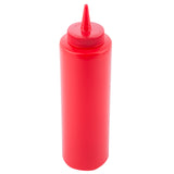 A plain, cylindrical red ketchup bottle with a pointed nozzle cap, typically used for condiments. This squeeze bottle is dishwasher safe and stands upright on a white background.