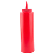 A bright red ketchup bottle with a pointed nozzle tip and ribbed screw-on cap, typically used for condiments. This plastic squeeze bottle stands upright against a plain white background and is dishwasher safe for easy cleaning.