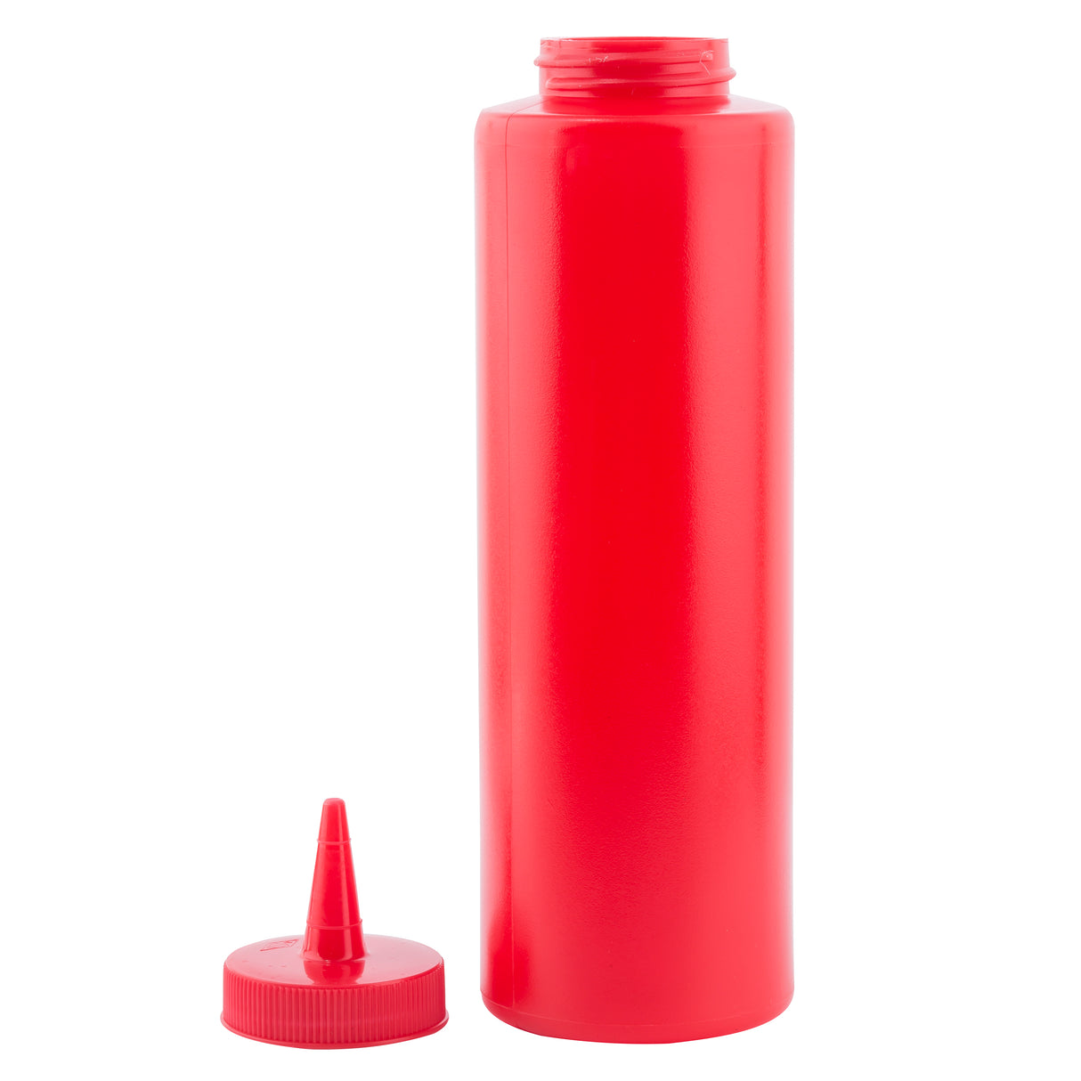 A bright red, tall ketchup bottle stands upright with its pointed, twist-off cap removed and placed beside it. The squeeze bottle’s top is open, and both items are set against a plain white background.
