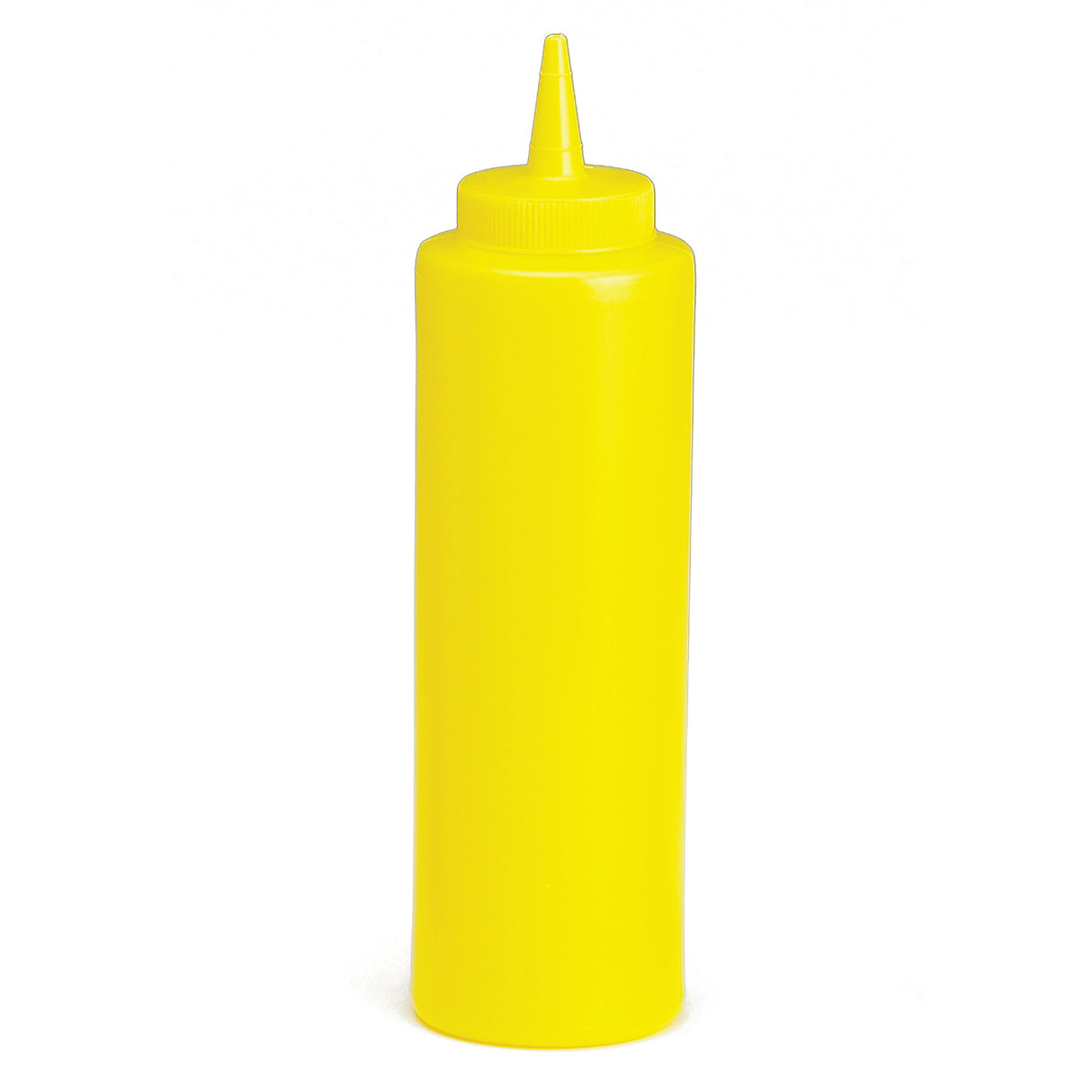 A tall, cylindrical yellow 12 oz squeeze bottle with a narrow, pointed nozzle and a ribbed screw-on cap, standing upright on a white background. The unlabelled bottle is commonly used for condiments like mustard.