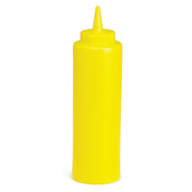 A tall, cylindrical yellow 12 oz squeeze bottle with a narrow, pointed nozzle and a ribbed screw-on cap, standing upright on a white background. The unlabelled bottle is commonly used for condiments like mustard.
