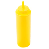 A bright yellow 12 oz plastic squeeze bottle with a pointed nozzle cap, typically used for dispensing mustard or other condiments. The bottle stands upright against a plain white background.