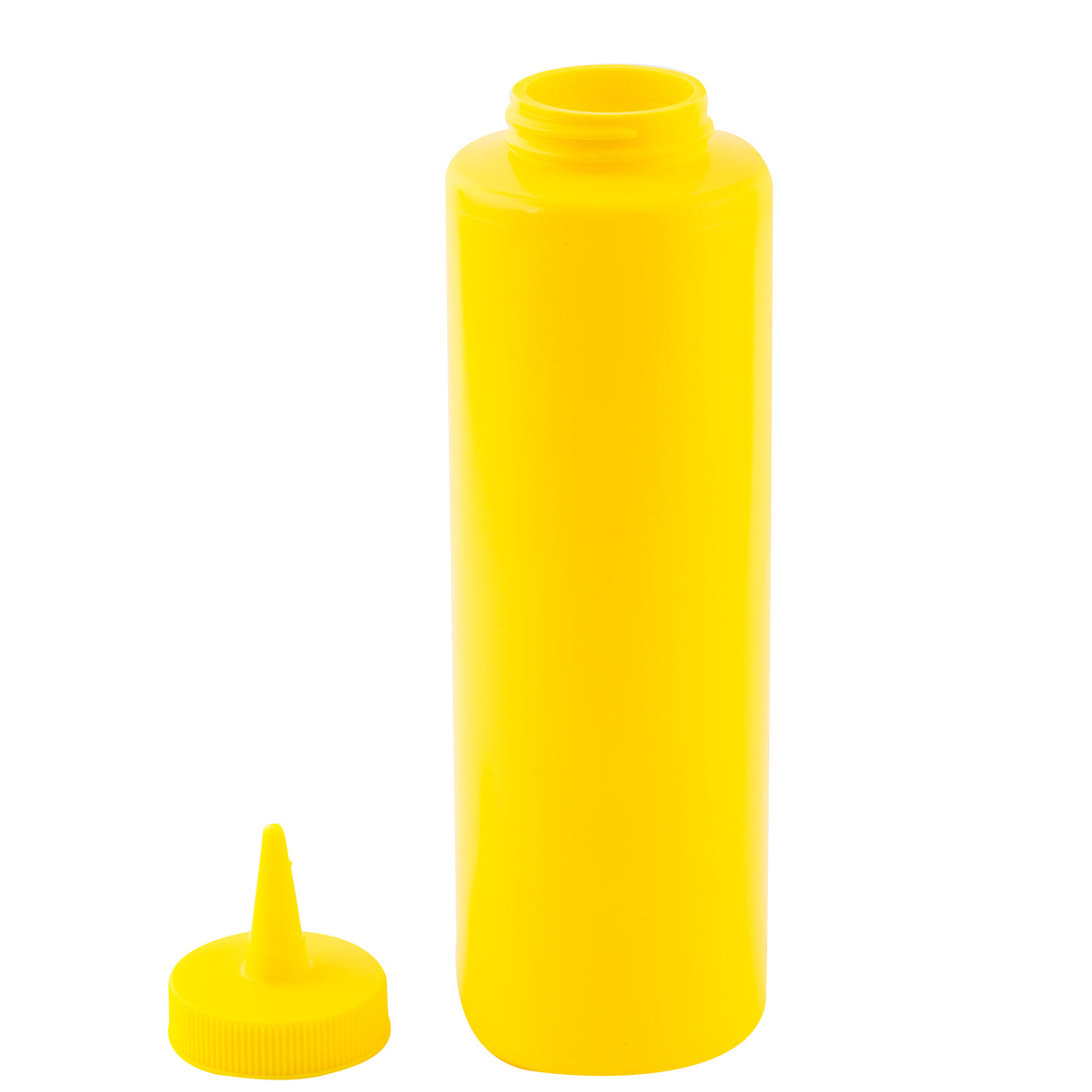 A bright yellow 12 oz squeeze bottle stands upright with its pointed nozzle cap lying next to it on a white background. Ideal for mustard or other condiments, the open bottle reveals its wide mouth and the cap's small tapered tip for easy dispensing.