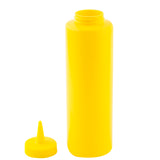 A bright yellow 12 oz squeeze bottle stands upright with its pointed nozzle cap lying next to it on a white background. Ideal for mustard or other condiments, the open bottle reveals its wide mouth and the cap's small tapered tip for easy dispensing.