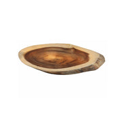 A rustic, oval Acacia Serving Board with uneven edges and visible natural grain patterns. Its smooth surface features rich brown tones fading to lighter beige along the rim, highlighting the organic wood texture—perfect for stylish serving.