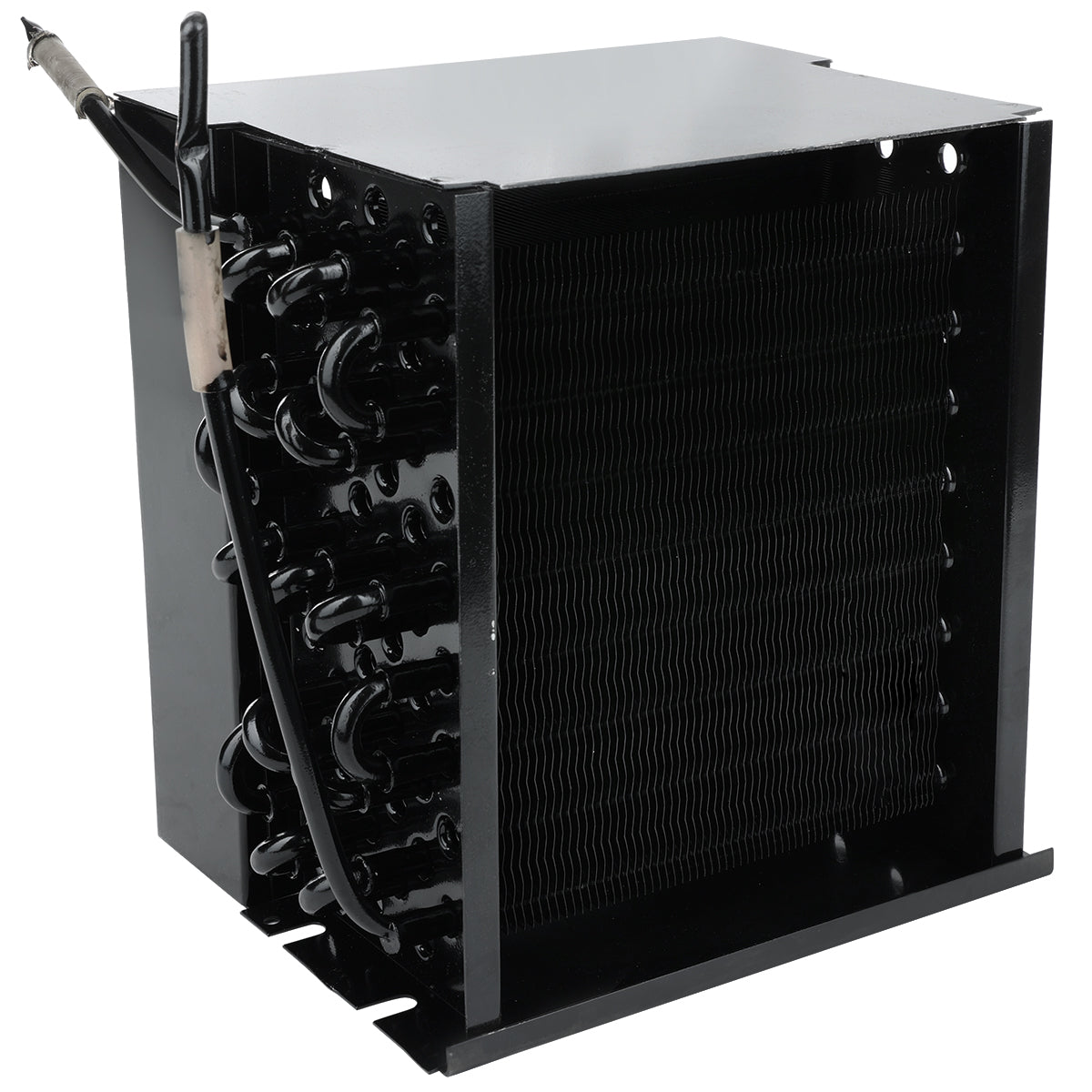 A black metal condenser coil with multiple parallel finned plates, several curved pipes attached to the sides, and a thick black cable extending from one corner. This industrial unit is likely used for Empura Refrigeration or other Empura Parts applications.