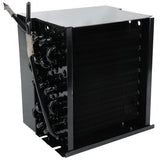 A black metal condenser coil with multiple parallel finned plates, several curved pipes attached to the sides, and a thick black cable extending from one corner. This industrial unit is likely used for Empura Refrigeration or other Empura Parts applications.