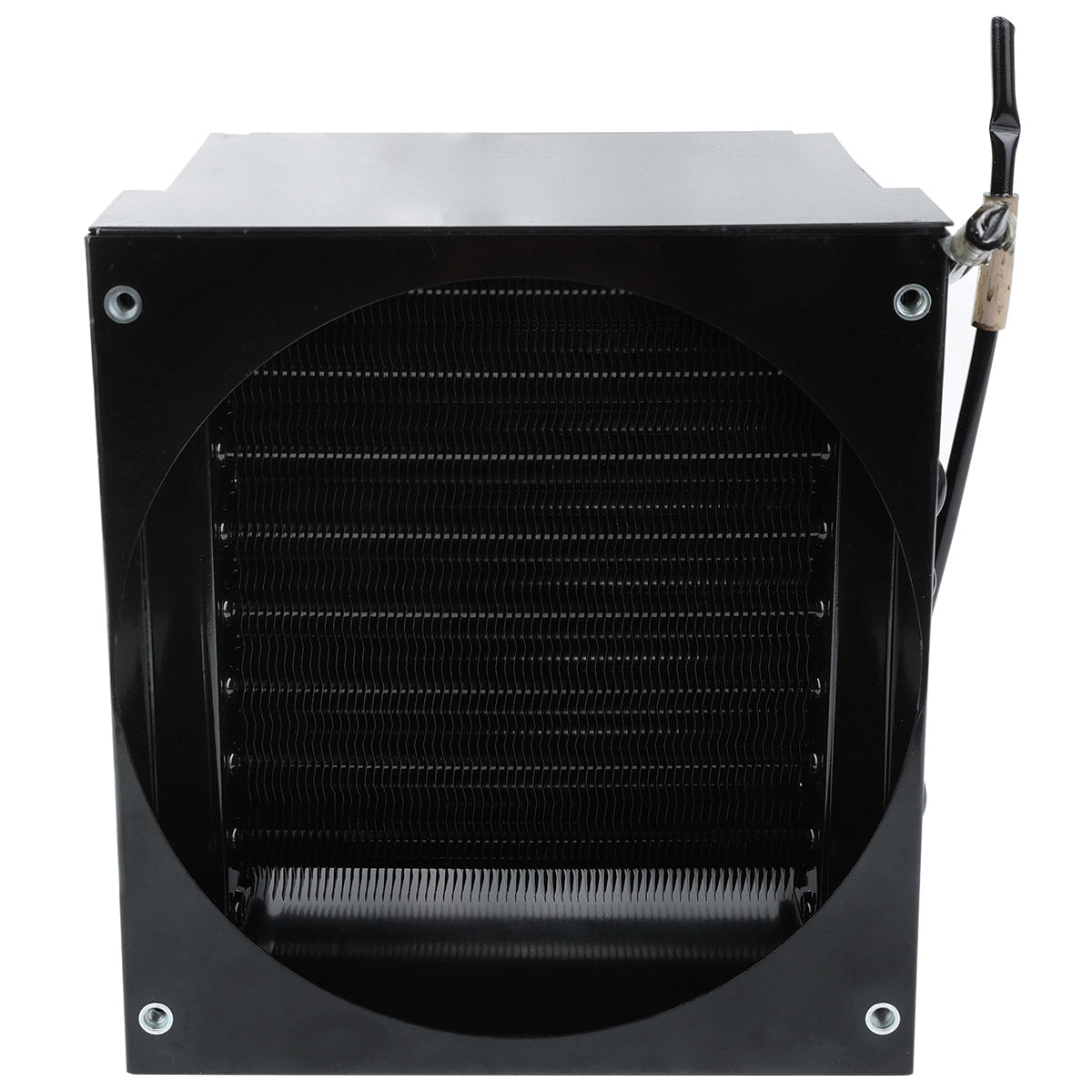 A black metal condenser coil heat exchanger from Empura Refrigeration, featuring a circular front opening with closely spaced horizontal fins inside. Four mounting holes are visible at each corner, and a cable with clamp is attached to the upper right side.