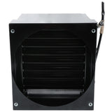 A black metal condenser coil heat exchanger from Empura Refrigeration, featuring a circular front opening with closely spaced horizontal fins inside. Four mounting holes are visible at each corner, and a cable with clamp is attached to the upper right side.