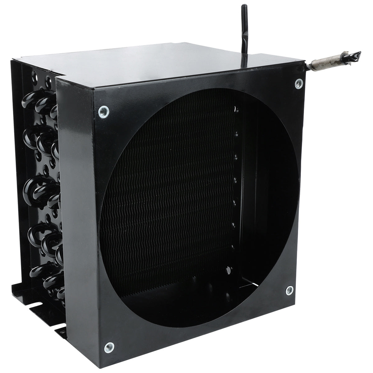 A black metal heat exchanger unit with a circular opening on the front, exposed condenser coil fins inside, and connection pipes extending from the top right. Multiple bolts and structural elements are visible on the side. Compatible with Empura Refrigeration systems.