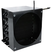 A black metal heat exchanger unit with a circular opening on the front, exposed condenser coil fins inside, and connection pipes extending from the top right. Multiple bolts and structural elements are visible on the side. Compatible with Empura Refrigeration systems.