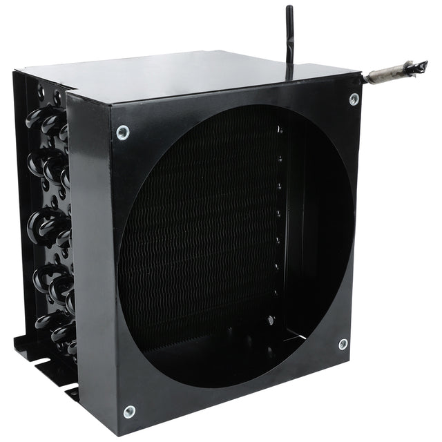 A black metal heat exchanger unit with a circular opening on the front, exposed condenser coil fins inside, and connection pipes extending from the top right. Multiple bolts and structural elements are visible on the side. Compatible with Empura Refrigeration systems.