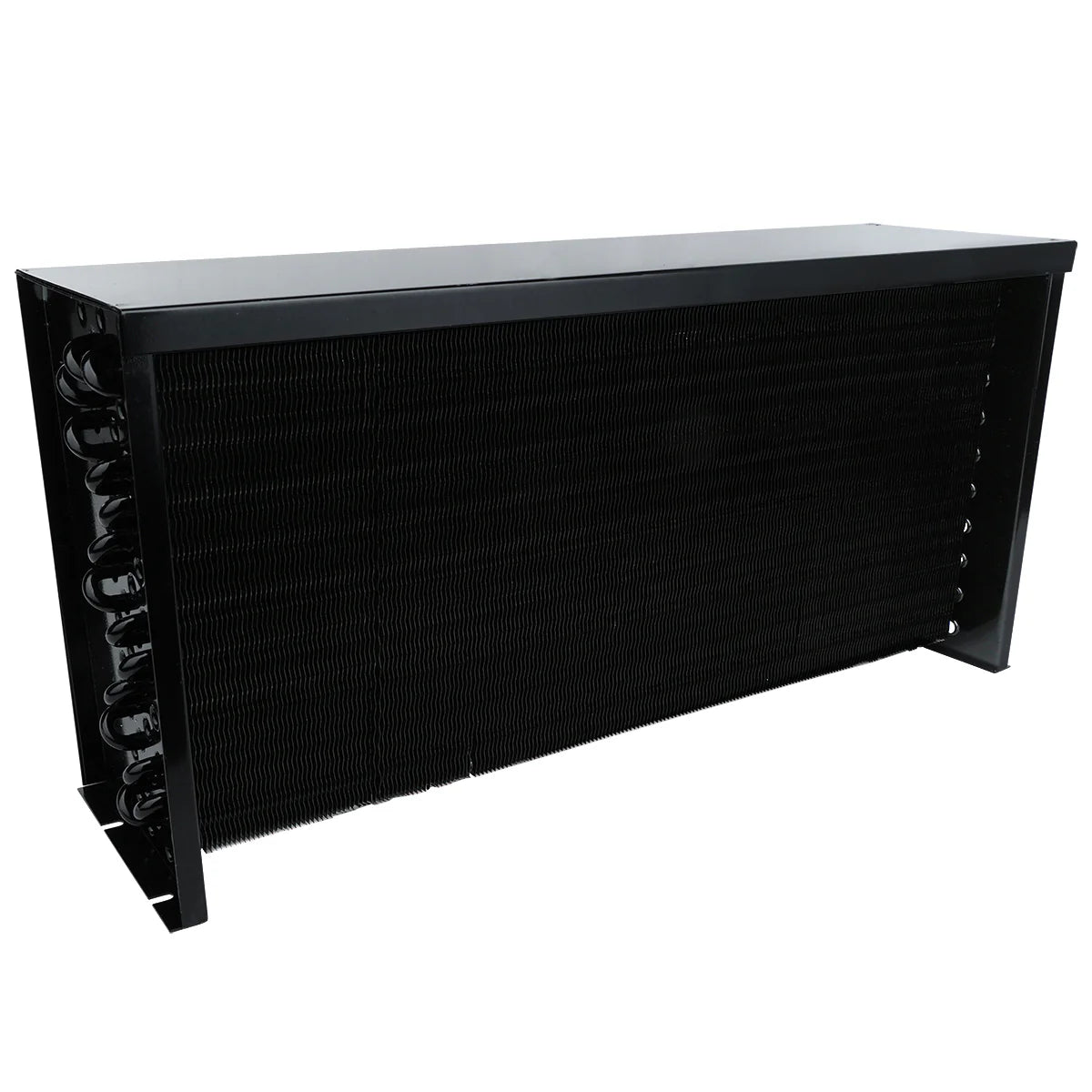 A large black industrial condenser coil unit with dense metal fins, a rectangular protective casing, and visible copper tubes on one side, designed for HVAC or Empura Refrigeration applications. The unit is photographed against a plain white background.
