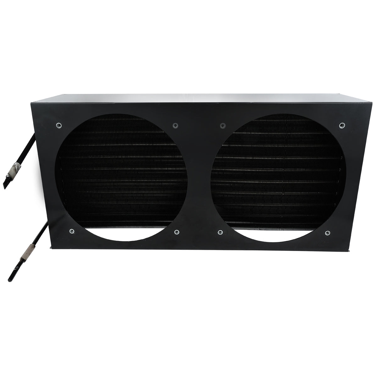 A rectangular black metal box with two large circular cutouts on the front, revealing a finned heat exchanger or condenser coil inside. Two hoses extend from the left side, indicating it is an Empura Refrigeration or industrial cooling unit component.