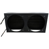 A rectangular black metal box with two large circular cutouts on the front, revealing a finned heat exchanger or condenser coil inside. Two hoses extend from the left side, indicating it is an Empura Refrigeration or industrial cooling unit component.